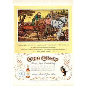 1951 Old Crow Kentucky Bourbon Vintage Print Ad White Horse Wagon Cabin Wall Art